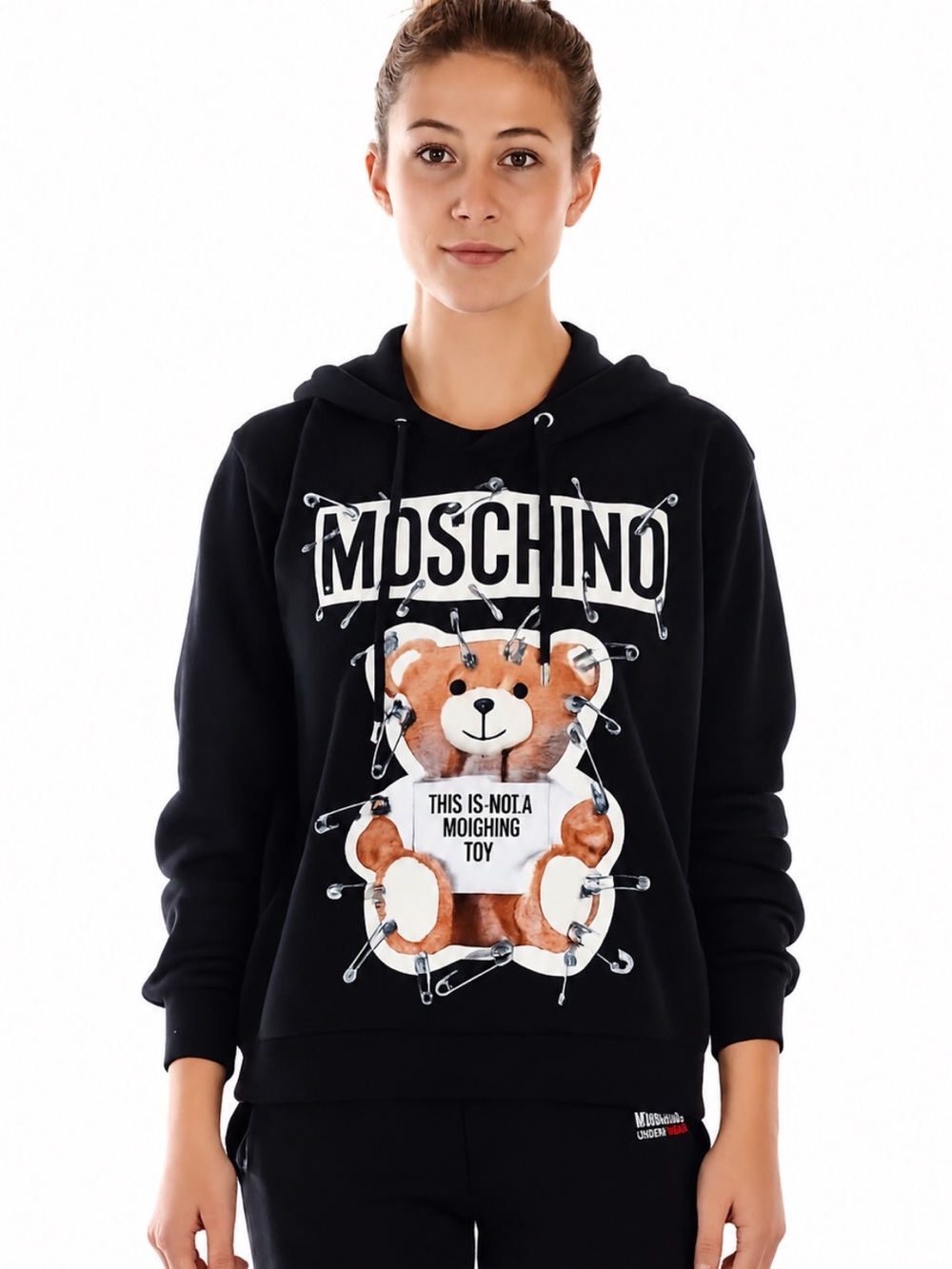 Moschino Couture Safety Pin Teddy Bear Hoodie Black Boxy Cropped IT 42 US 8 EUC!